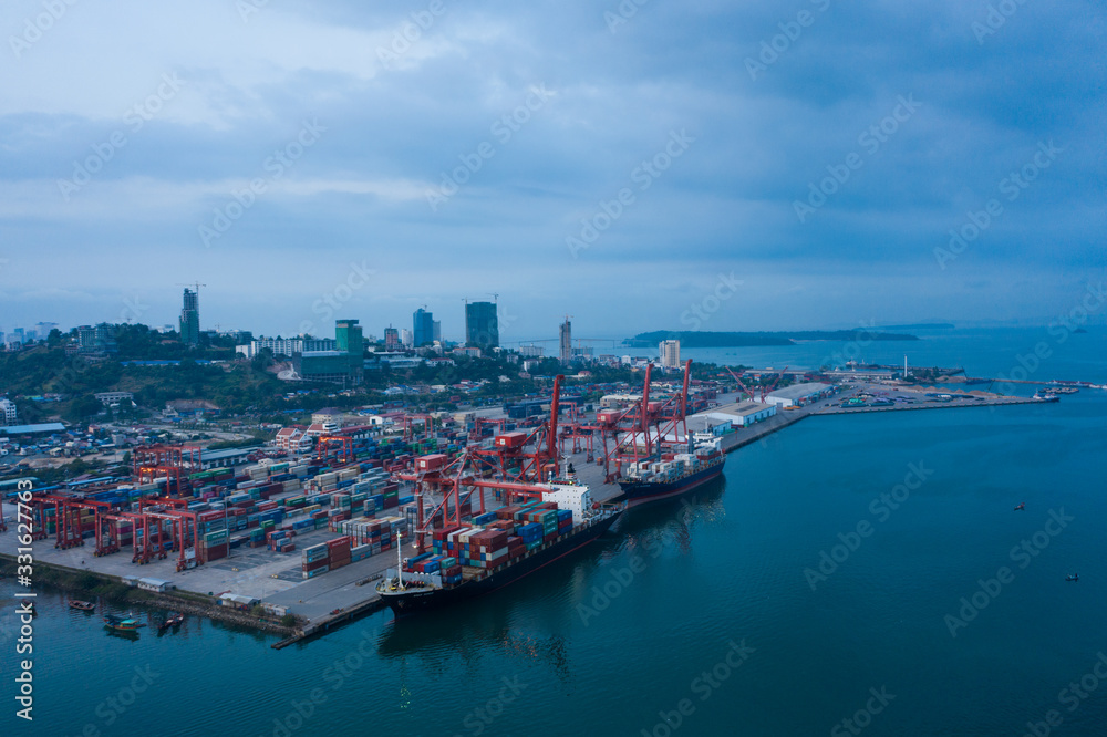 Sihanoukville, Cambodia - March 15, 2020: Ariel view of container terminal of Sihanoukville Autonomous Port.