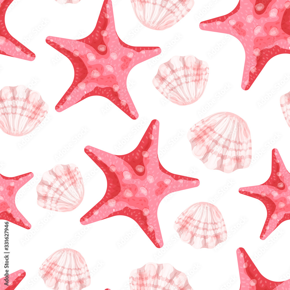 Red starfish and pink shells on a white background. Seamless pattern. Vector illustration made in watercolor style.
