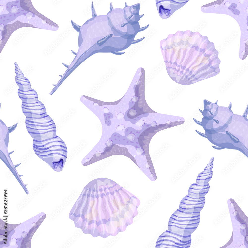 Blue Starfish and shells on a white background. Seamless pattern. Vector illustration made in watercolor style.