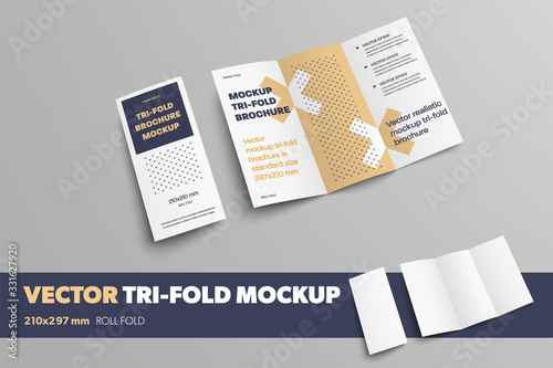 Mockup of realistic vector tri-fold for design presentation. Business booklet on a gray background, with an abstract pattern.