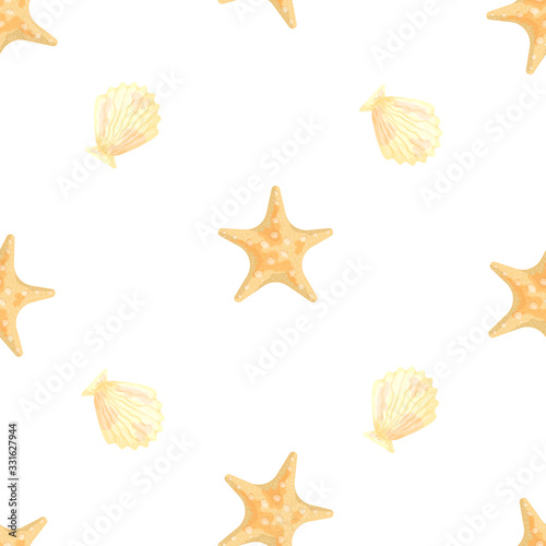 Starfish and yellow shells on a white background. Seamless pattern. Vector illustration made in watercolor style.