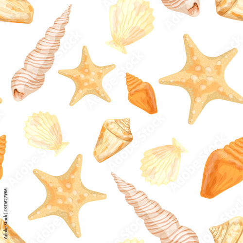 Starfish and shells on a white background. Seamless pattern. Vector illustration made in watercolor style.