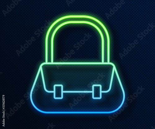 Glowing neon line Handbag icon isolated on blue background. Female handbag sign. Glamour casual baggage symbol. Vector Illustration