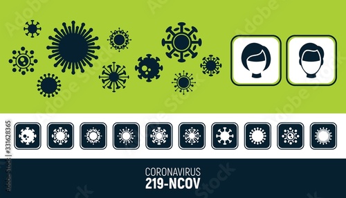 Set of icon coronavirus and masked man. Flat style.