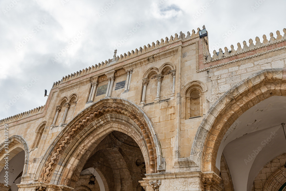 The part of the fasade of Al Aqsa Mosque on the Temple Mount in the Old Town of Jerusalem in Israel