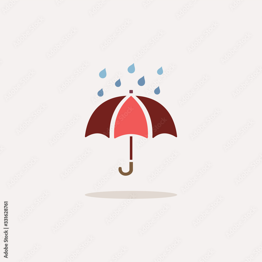 Umbrella and rain. Color icon with shadow. Weather vector illustration