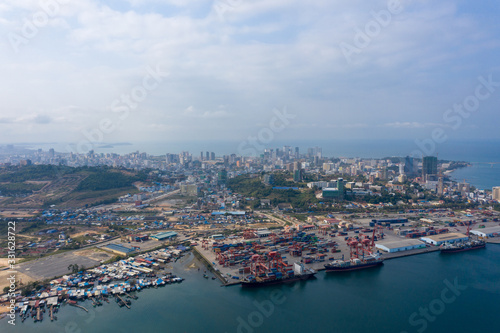 Sihanoukville, Cambodia - March 15, 2020: Ariel view of container terminal of Sihanoukville Autonomous Port.