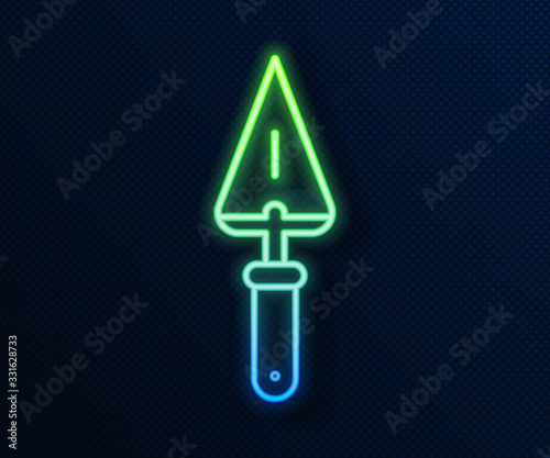 Glowing neon line Trowel icon isolated on blue background. Vector Illustration