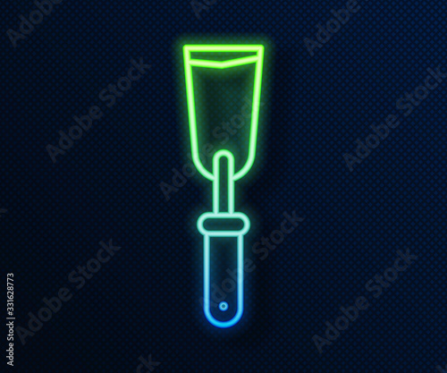 Glowing neon line Putty knife icon isolated on blue background. Spatula repair tool. Spackling or paint instruments. Vector Illustration