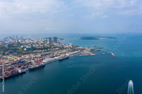 Fototapeta Naklejka Na Ścianę i Meble -  Sihanoukville, Cambodia - March 15, 2020: Ariel view of container terminal of Sihanoukville Autonomous Port.