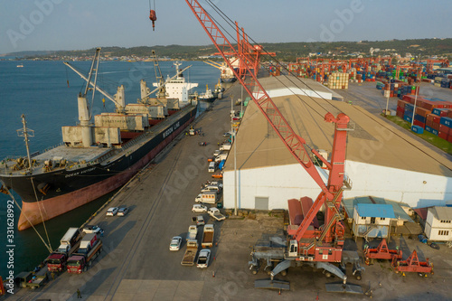 Sihanoukville, Cambodia - March 15, 2020: Ariel view of container terminal of Sihanoukville Autonomous Port. photo