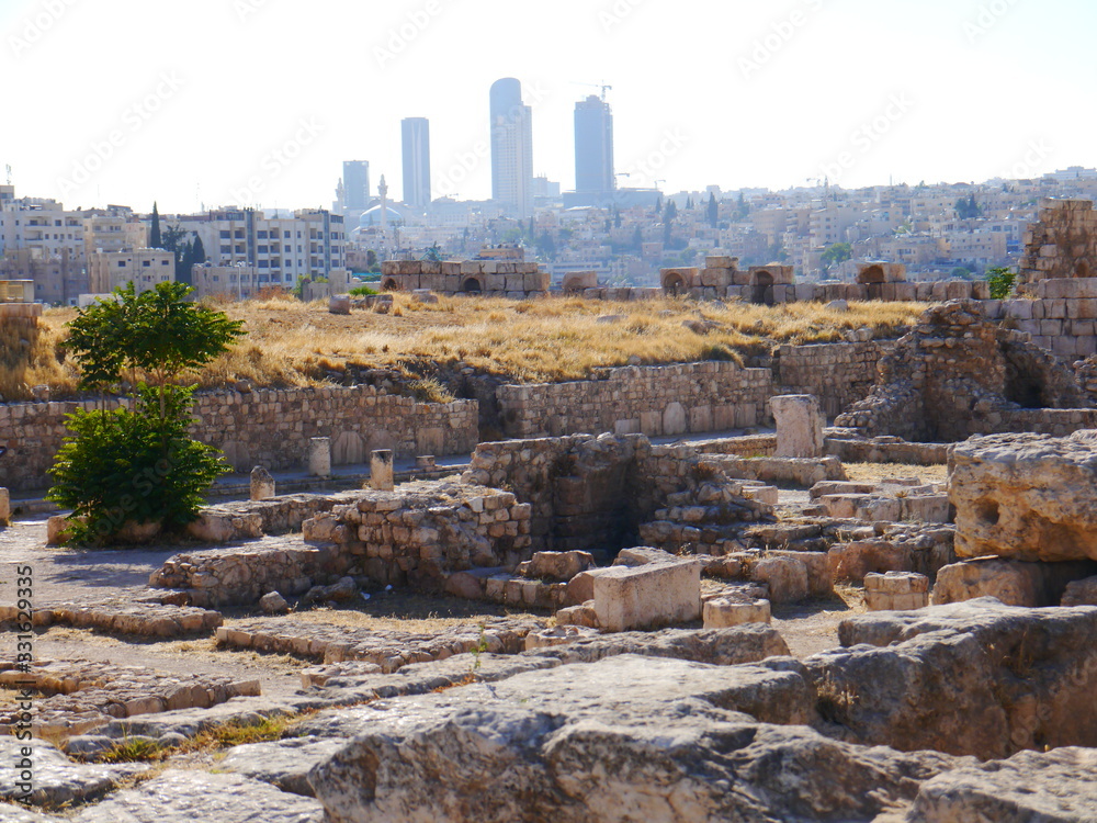 panoramic view with ruin of Byzantine church on top Citadel Hill and skyline of Amman in the back, kingdom Jordan, Middle East