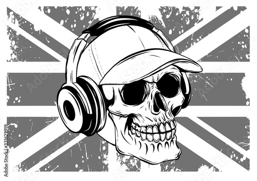 skull with headphones listening to music drawing