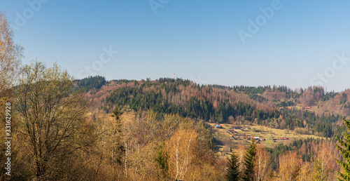 mountain scenery above Turzovka town in Slovakia with hills  forest devastated by bark beetle and dispersed settlement