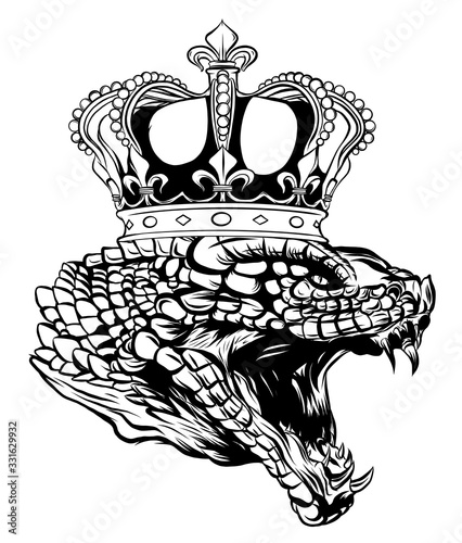 Hand-drawn vintage Snake with Crown tattoo art. Vector illustration isolated. Aged design linear style.
