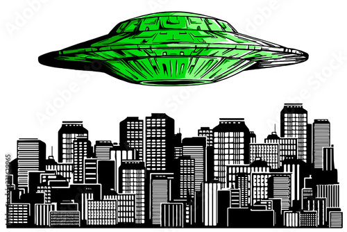 Ufo hiring at night city, search professional, alien spaceship flying above skyscrapers and empty road in megapolis lighting with bright ray, human resourse