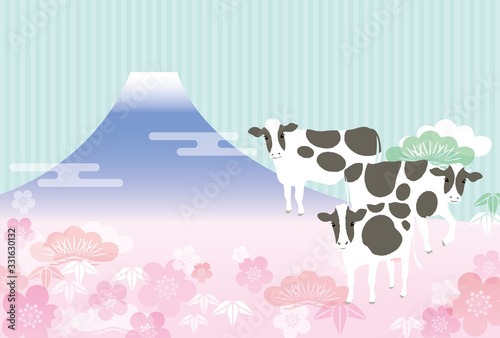 富士山と牛3頭