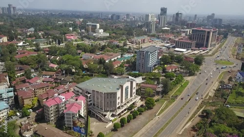 Areal drone shot of  the urban settlement in Nairobi city-East Africa and expanded roads. photo