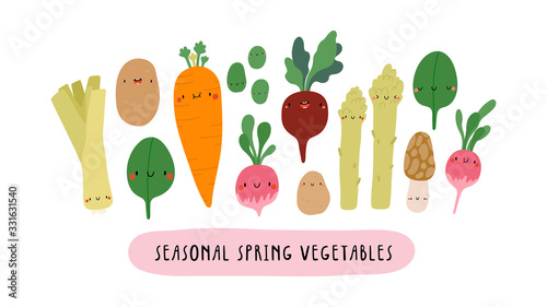 Vector illustration with Seasonal Spring Vegetables on a white background. Smiley cartoon food characters - Leek, Baby Potato, Spinach, Carrot, Beet, Sweet Beans, Radish. Healthy vegetables banner.
