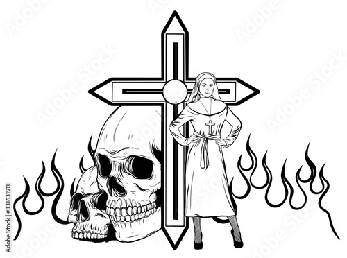 Purgatory nun in fire cartoon character vector