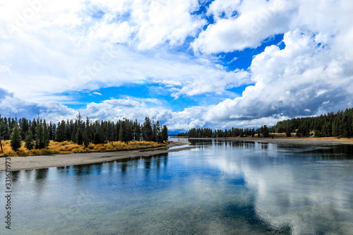 Majestic Landscape of the Trees and Lake in Yellowstone National Park, USA