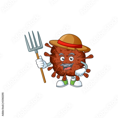 Infection coronavirus in Farmer mascot design with hat and pitchfork