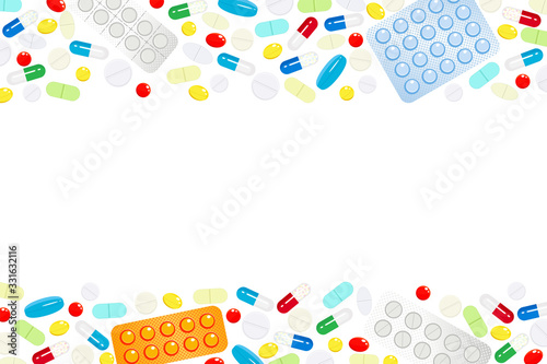 Background with a horizontal border of medicines and vitamins. Design template for medical center, pharmacy, hospital. Vector. Concept of medicine, health, health care, health service, medical service