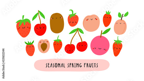 Vector illustration with Seasonal Spring Fruits on a white background. Smiley cartoon food characters - Strawberry, Kiwi, Cherry, Peach, Grapefruit. Healthy vegetables banner.
