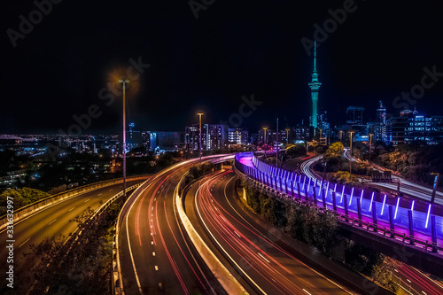 Auckland Skytower at night with light trails