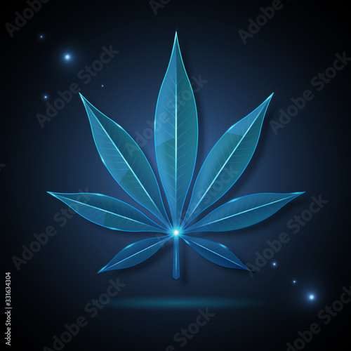 Glass transparent medical Cannabis leaf silhouette on darck blue abstract technology background. Helm icon design. Business logo design
