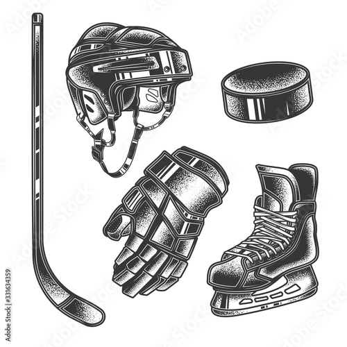 Original monochrome sports vector hockey set in vintage style.