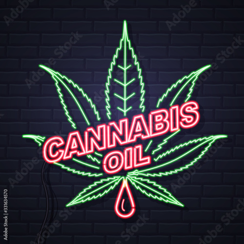 Neon Cannabis oil and leaf sign on brick wall background. Helm icon design.