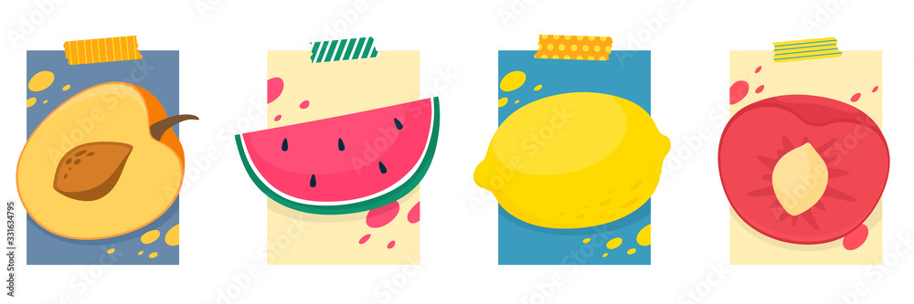Vector set of bright summer cards with fruits. Magazine cards. Beautiful summer posters with watermelon, lemons, apricots and cherries. Deco card with place for text.