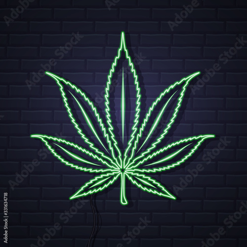 Neon Cannabis leaf sign on brick wall background. Helm icon design. Business logo design