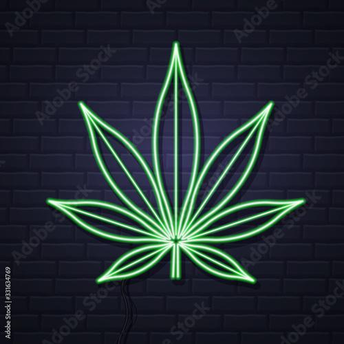 Neon Cannabis leaf sign on brick wall background. Helm icon design. Business logo design