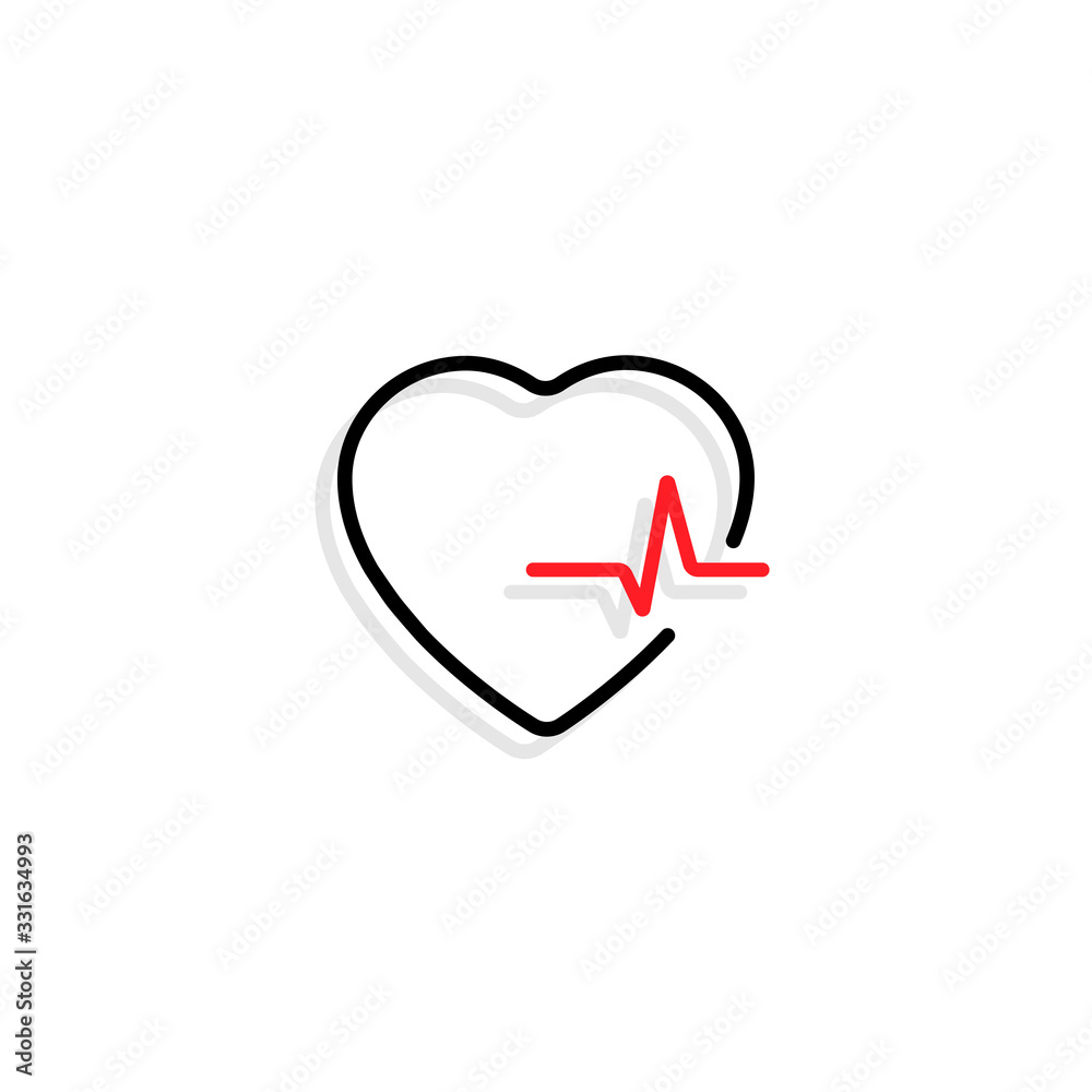 Heart with heartbeat. Black heart with red heartbeat and shadow in flat design, isolated on white background. Heart and heart beat vector icon. Vector illustration