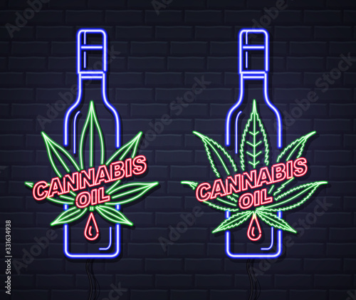 Neon Cannabis oil bottle and leaf sign on brick wall background. Helm icon design.