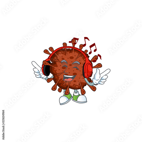 cartoon mascot design of infection coronavirus enjoying music