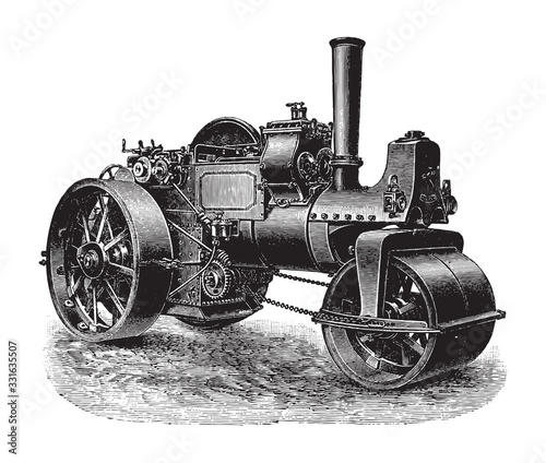 Old steam roller / vintage illustration from Brockhaus Konversations-Lexikon 1908