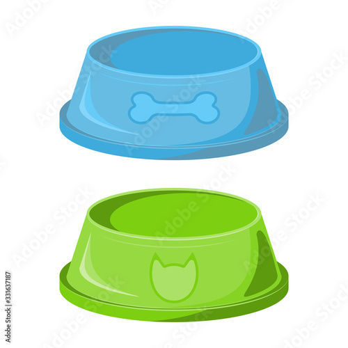 Bowl for feed with badge for cat, dog. Pet food bowl. Flat style vector illustration.