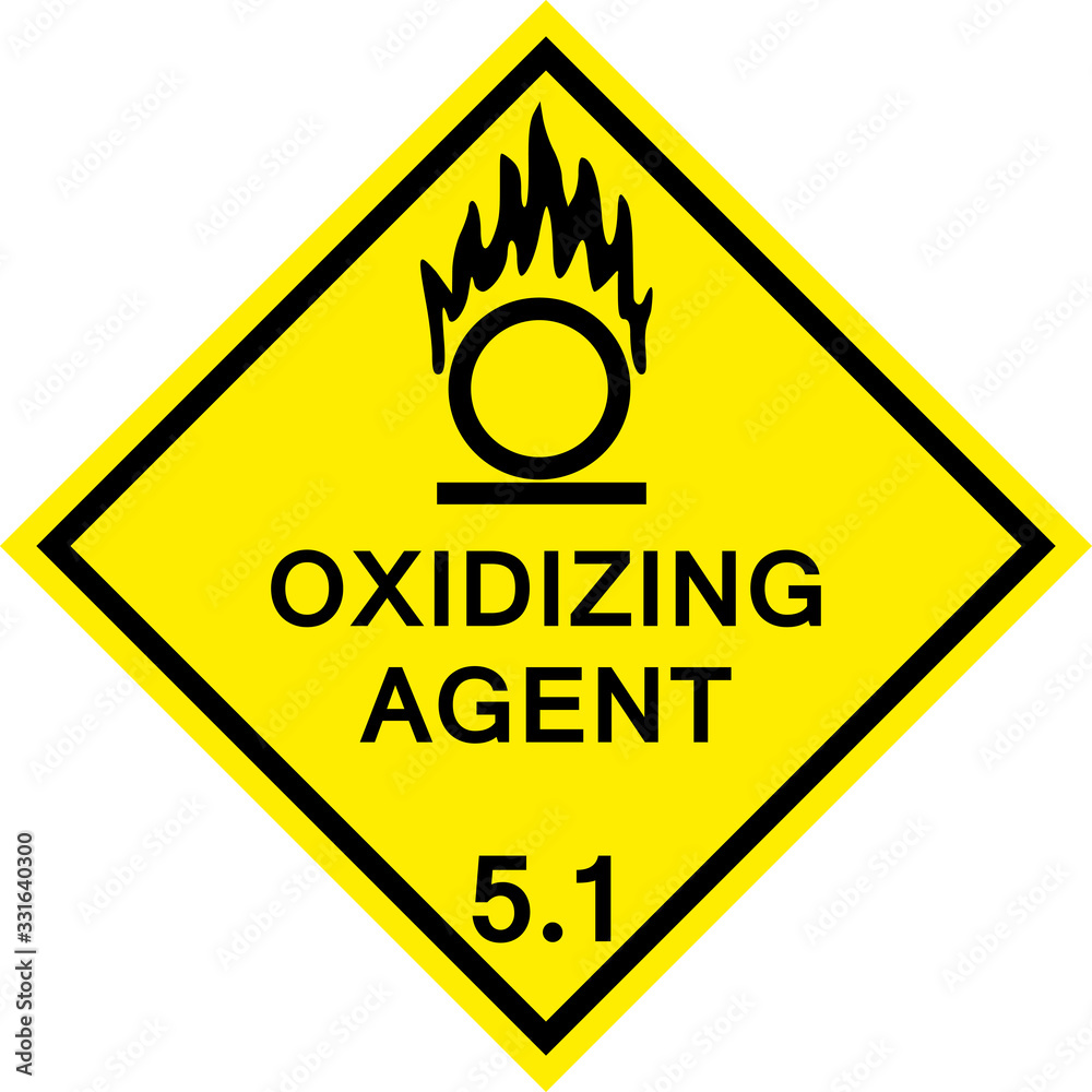 Oxidizing agent caution sign. Dangerous goods placards class 5.1. Black