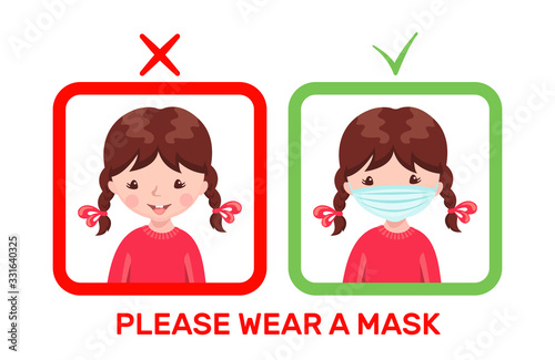 Cute girl with medical mask and without mask in cartoon style isolated on white background.