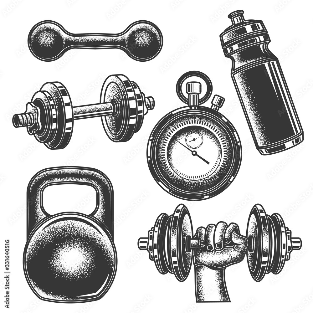 Fototapeta Original monochrome vector sports set in vintage style. Healthy lifestyle.