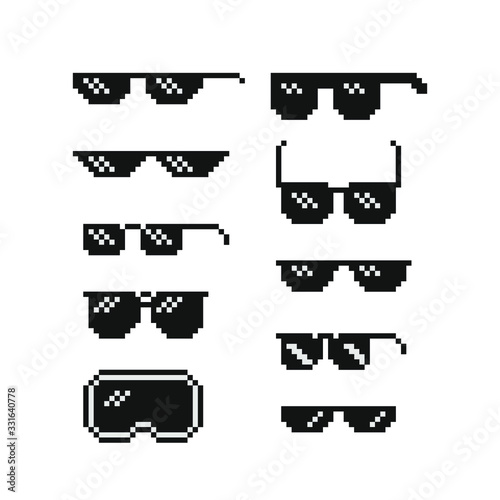 different types of sunglasses pixel art icons set, isolated vector illustration. Game assets 8-bit sprite. Design stickers, logo, mobile app.