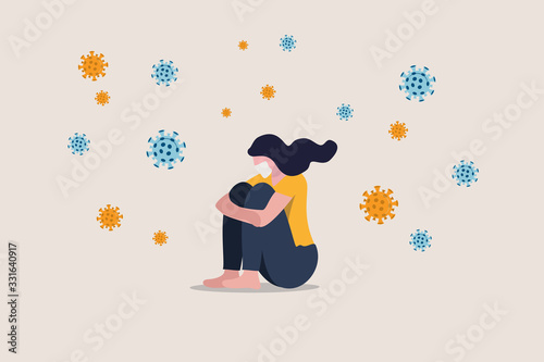 Solitude and depression from social distancing, isolated stay home alone in COVID-19 coronavirus crisis, anxiety from virus infection, Sad unhappy depressed girl sit alone with virus pathogens