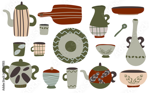 Various ceramics, pottery. Dishes, pot, cup, mug, spoon, plate, jug, bowl. Hand drawn vector set. Colored trendy illustration. Flat design. Elements are isolated