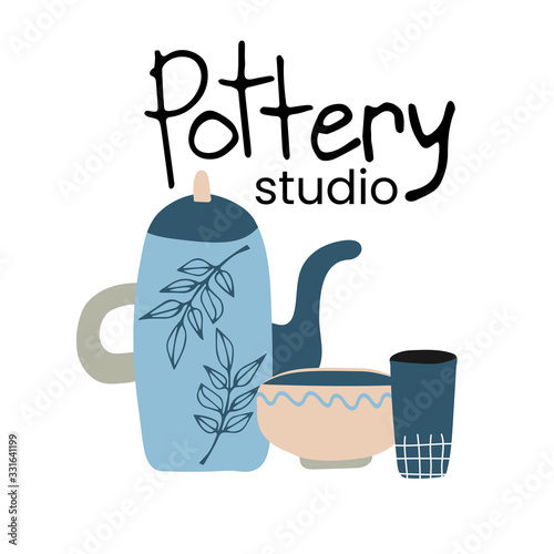 Hand made pottery vector illustration for home and restaurant, hand made shop.   Ceramics or pottery banner to promote your studio. Hand drawn flat logotype.