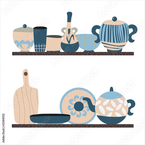 Hand made pottery vector background for home and restaurant, hand made shop.   Ceramics or pottery banner to promote your studio. Hand drawn flat wallpaper.