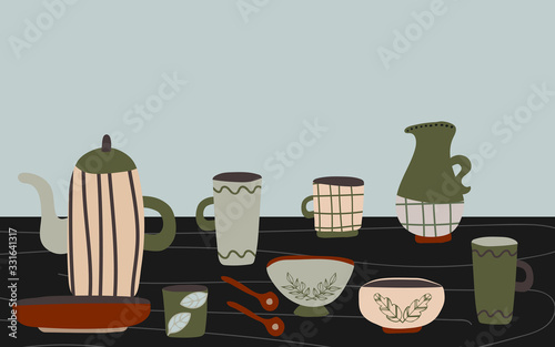 Hand made pottery vector background for home and restaurant, hand made shop.   Ceramics or pottery banner to promote your studio. Hand drawn flat wallpaper.
