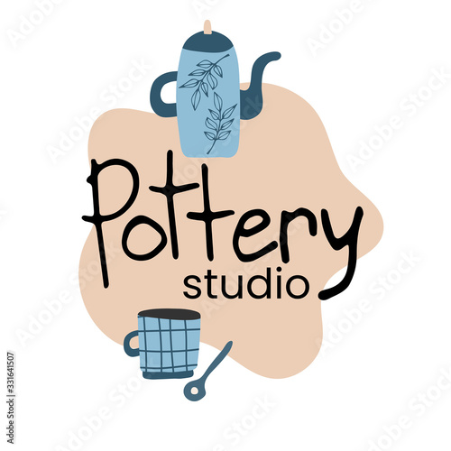 Hand made pottery vector illustration for home and restaurant, hand made shop.   Ceramics or pottery banner to promote your studio. Hand drawn flat logotype.